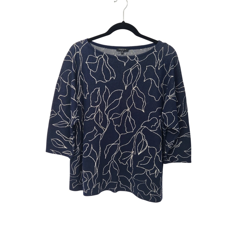 Lafayette 148 New York Navy Silver Shimmer Floral Knit Top 3/4 Sleeve Women's M